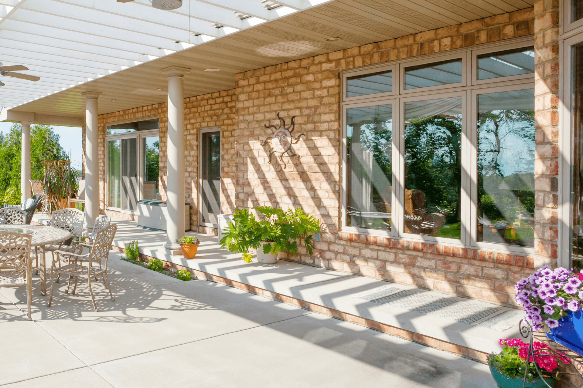 patio windows and doors overlook pool desk