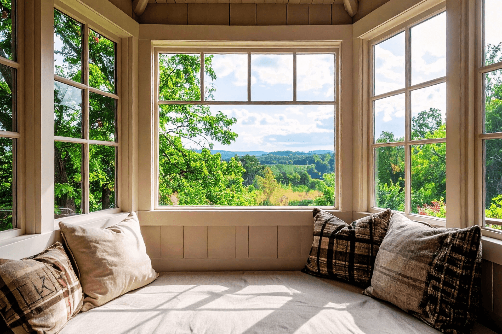 beautiful bay window with seat overlooking rolling hills